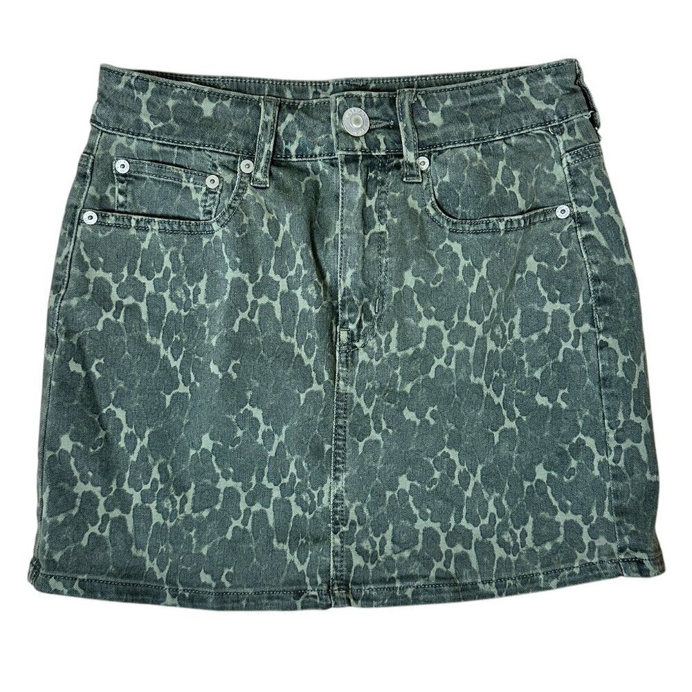 AMERICAN EAGLE Denim Stretch OliveGreen Camo Animal Print Mini Jean Skirt Size 2
